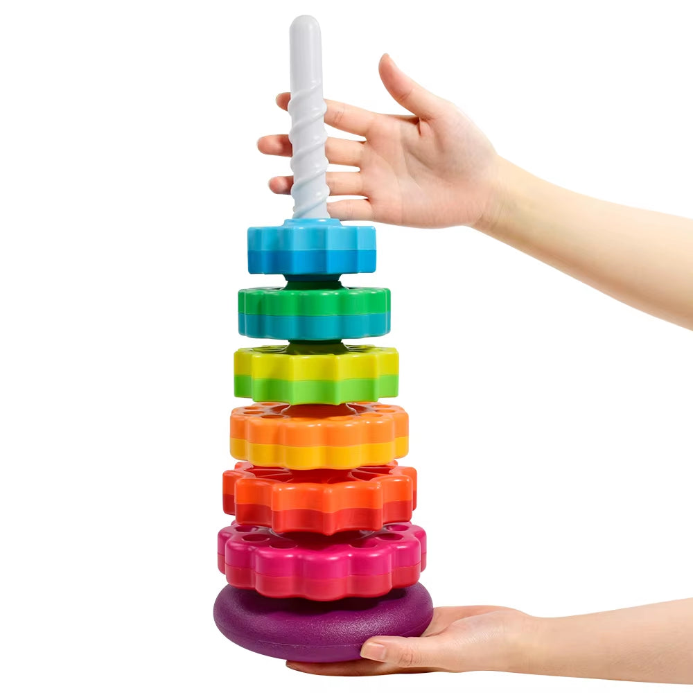 Baby Rotating Rainbow Tower Montessori Baby Stacking Puzzle Toys Safety Early Educational Toy Safety Colored Children'S Toys