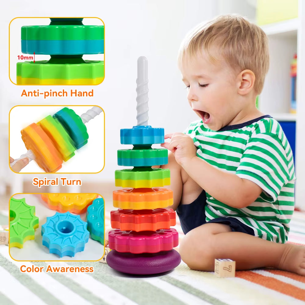 Baby Rotating Rainbow Tower Montessori Baby Stacking Puzzle Toys Safety Early Educational Toy Safety Colored Children'S Toys